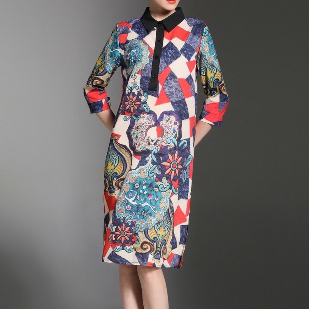 Multicolored H-Line Midi Dress